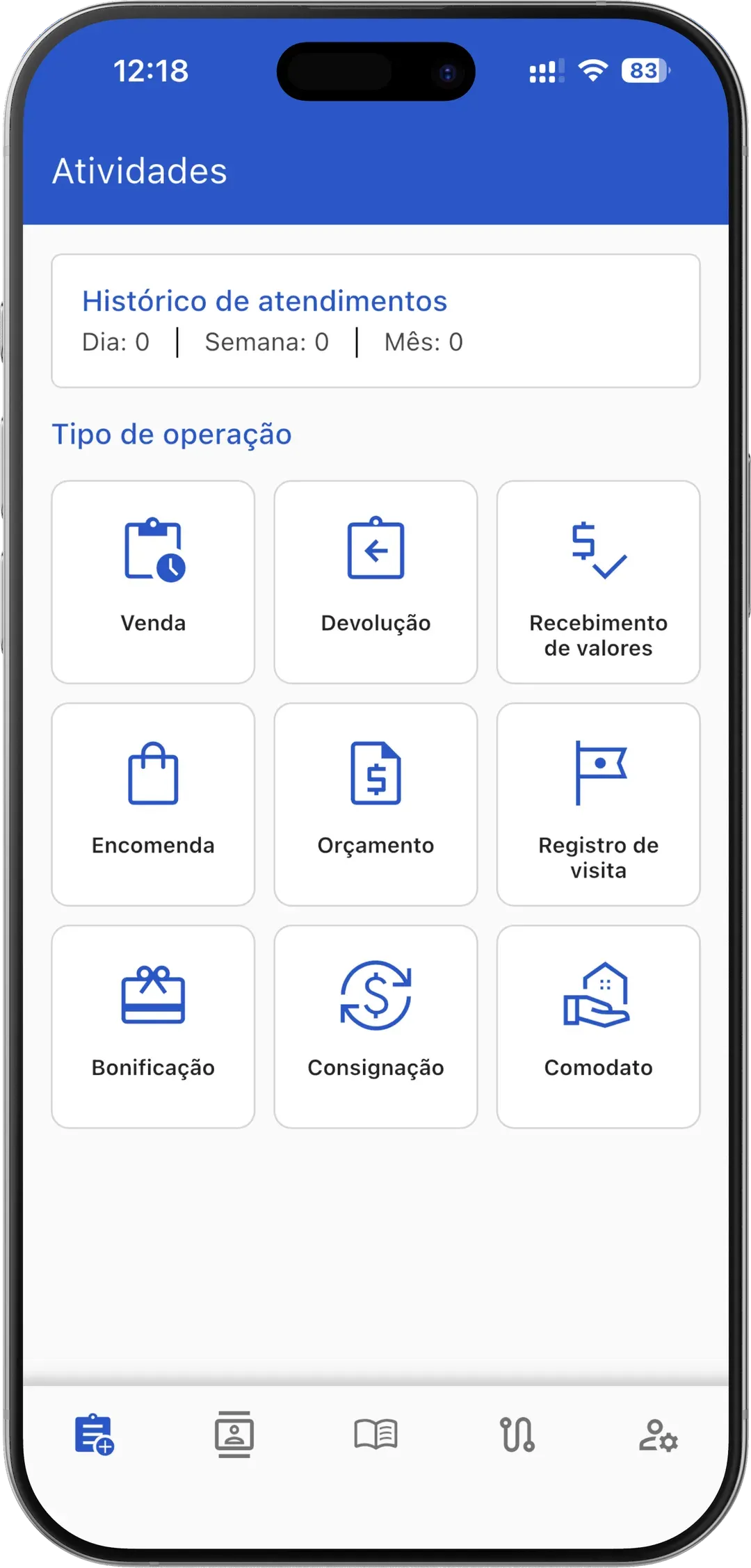 App VendasExternas — menu de operações: venda, devolução, comodato, bonificação