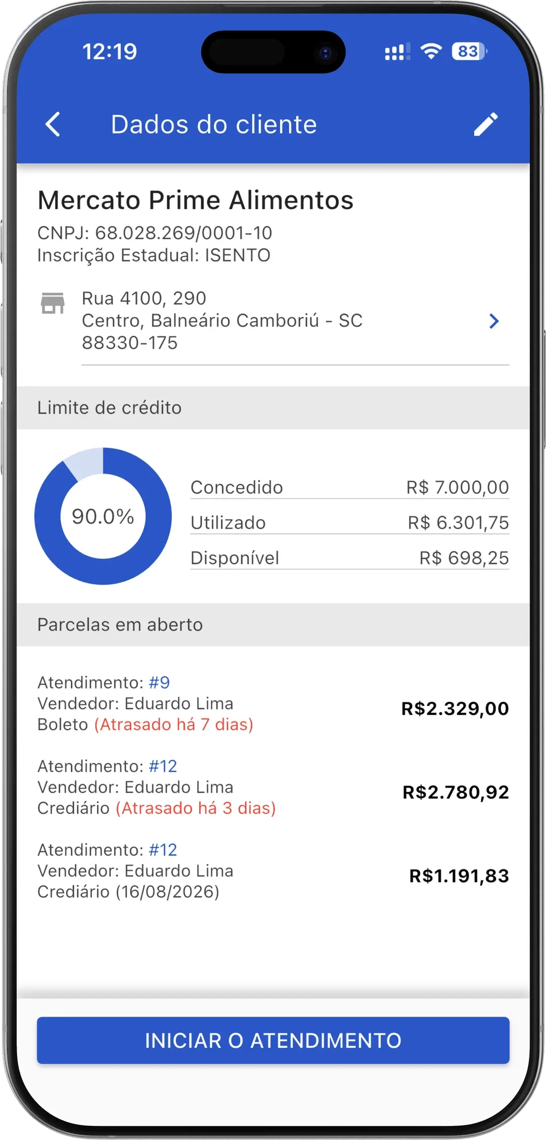 App VendasExternas — perfil financeiro e limite de crédito do cliente