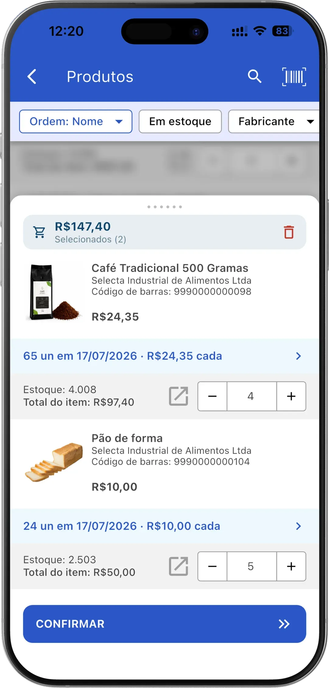 App VendasExternas — seleção de produtos e quantidades
