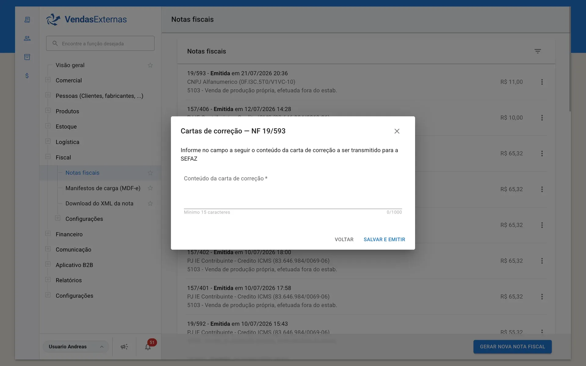 Painel VendasExternas — emissão de carta de correção eletrônica (CC-e)