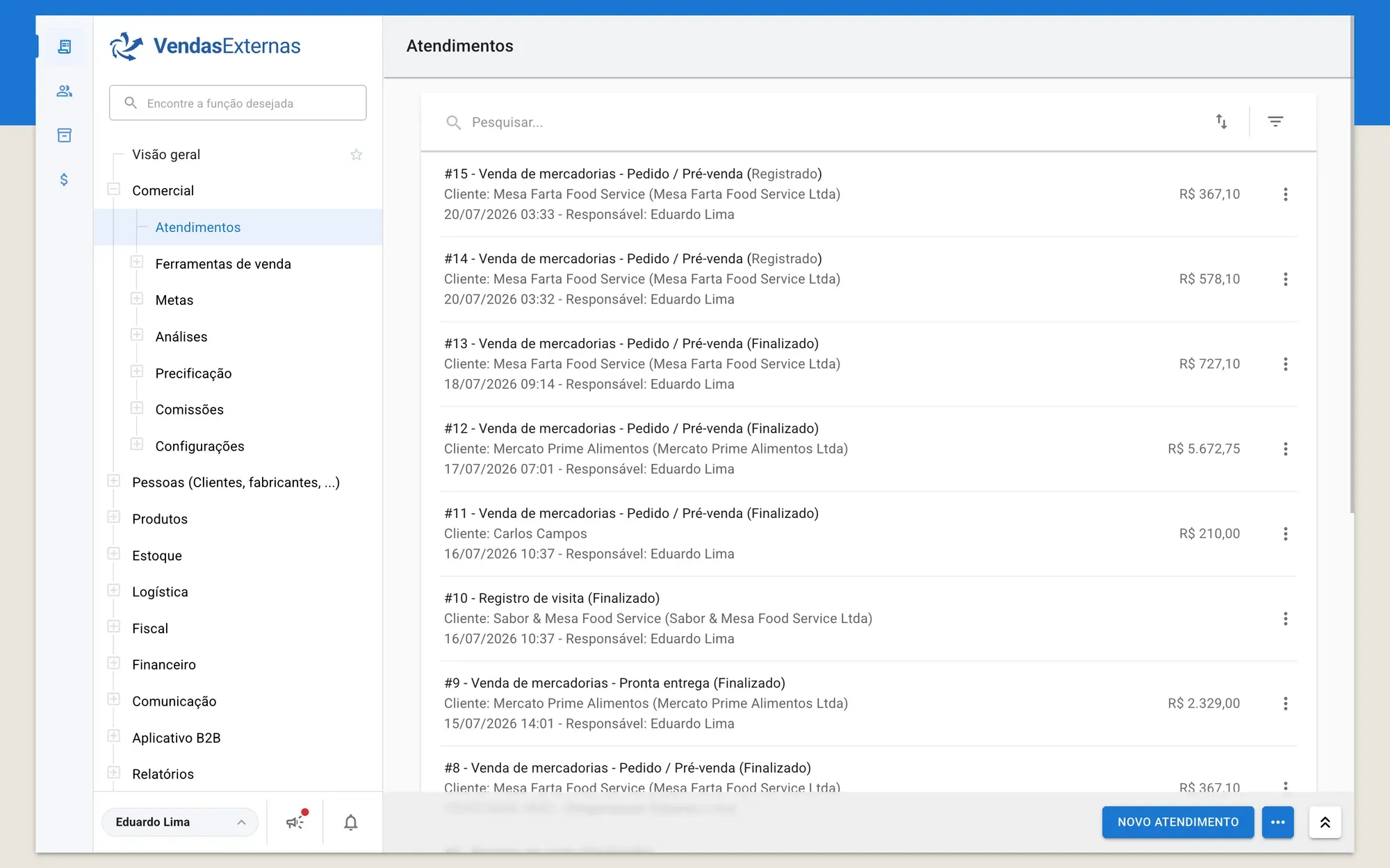 Painel VendasExternas — atendimentos