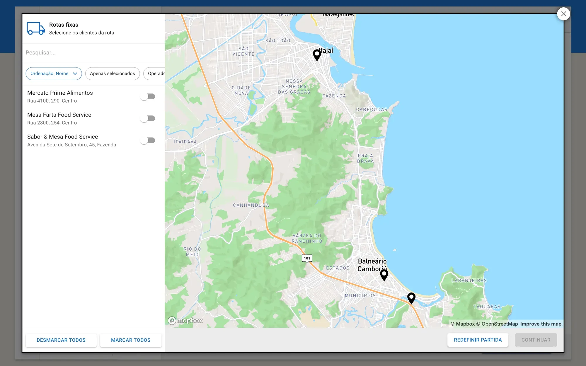Painel VendasExternas — rotas fixas no mapa