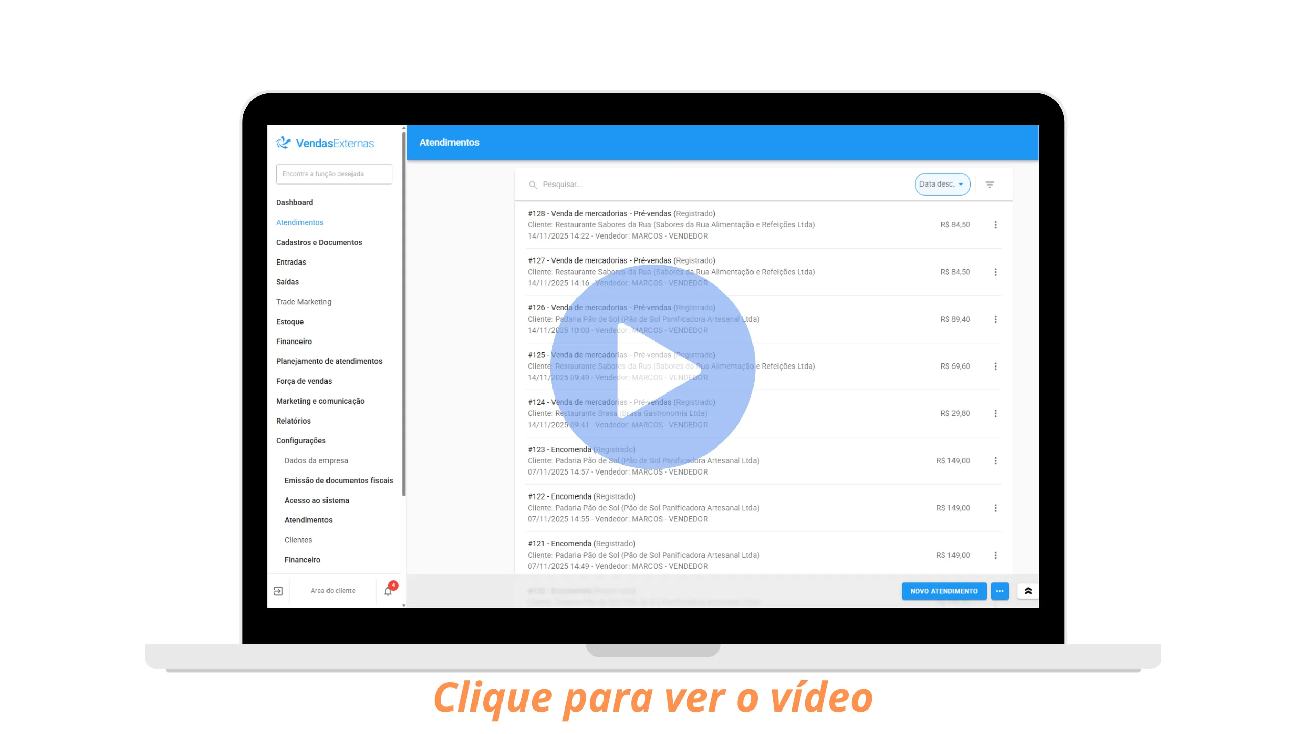 Painel de controle do VendasExternas para Alimentos — clique para ver o vídeo